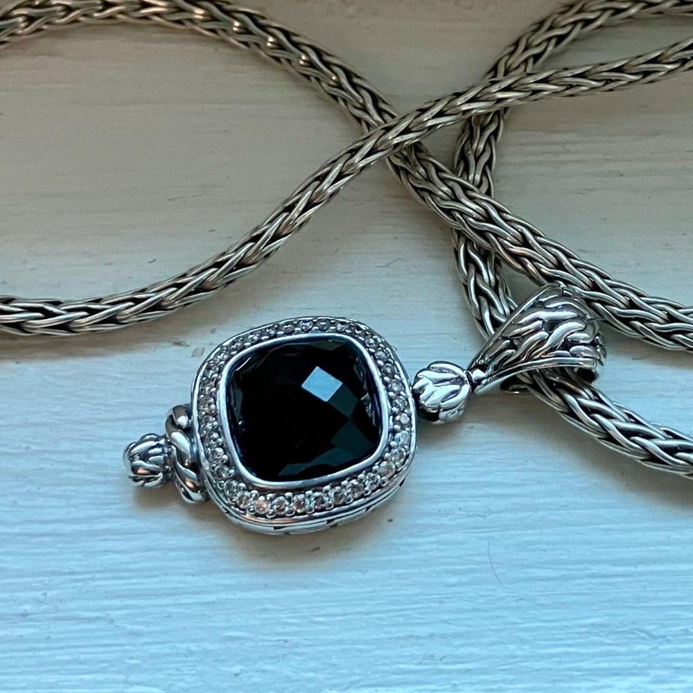 John Hardy Onyx Diamond Batu Mata Pendant with Iconic Wheat Chain Necklace RARE
